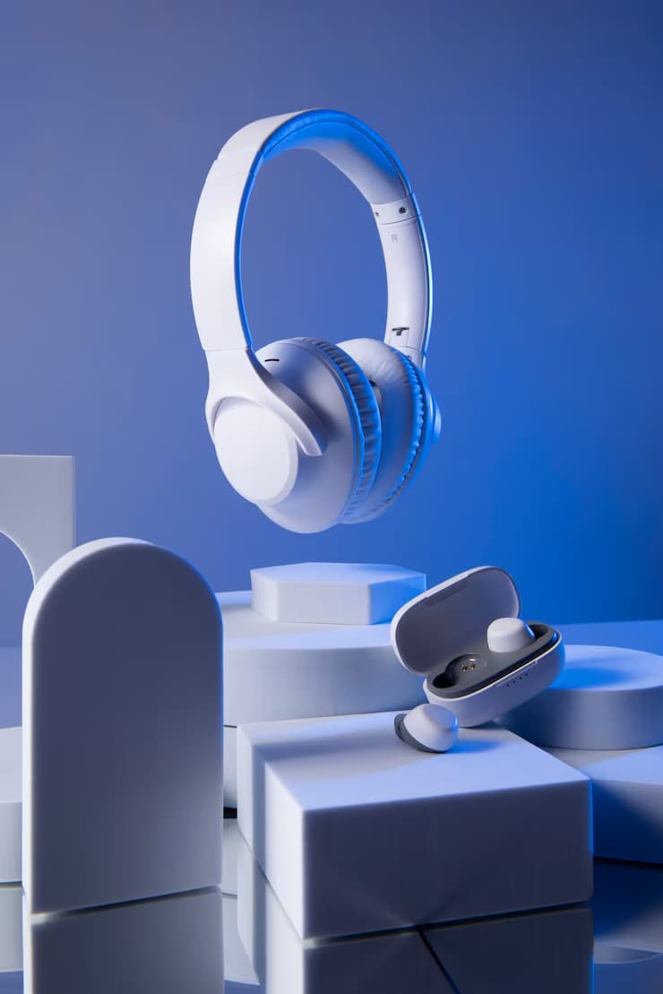 Wireless headphones and earbuds on blue pedestals