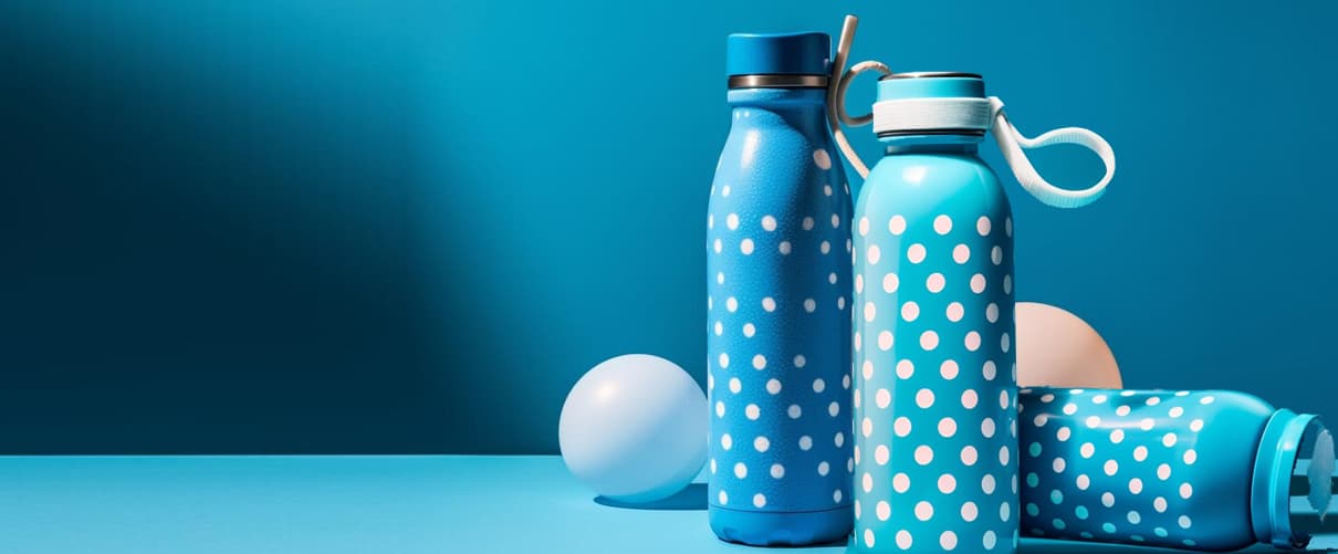Polka dot insulated drinks bottles on a bright blue background