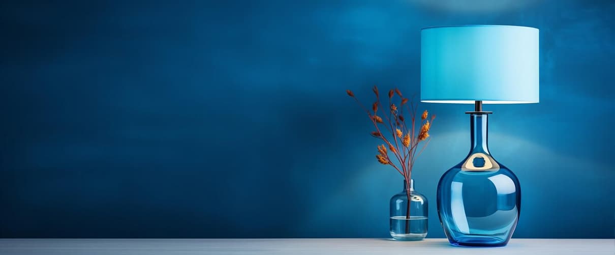 Blue ceramic table lamp on a deep teal background