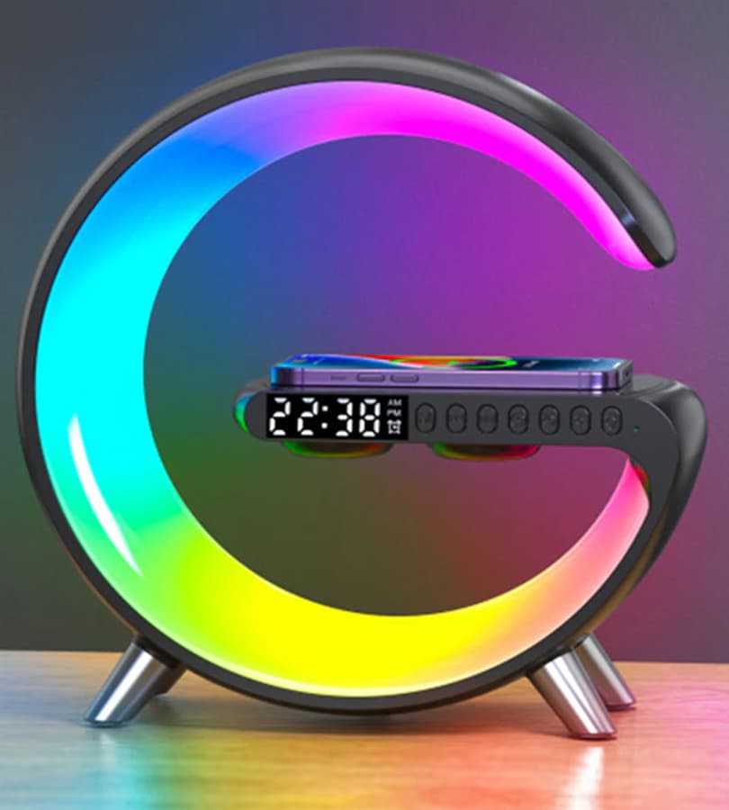 Black G-shaped RGB LED lamp with clock and wireless charger